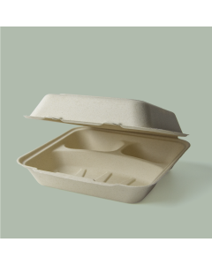 9" x 9" 3 Compartment Farmer's Fiber Collection Compostable Clamshell, 200/cs
